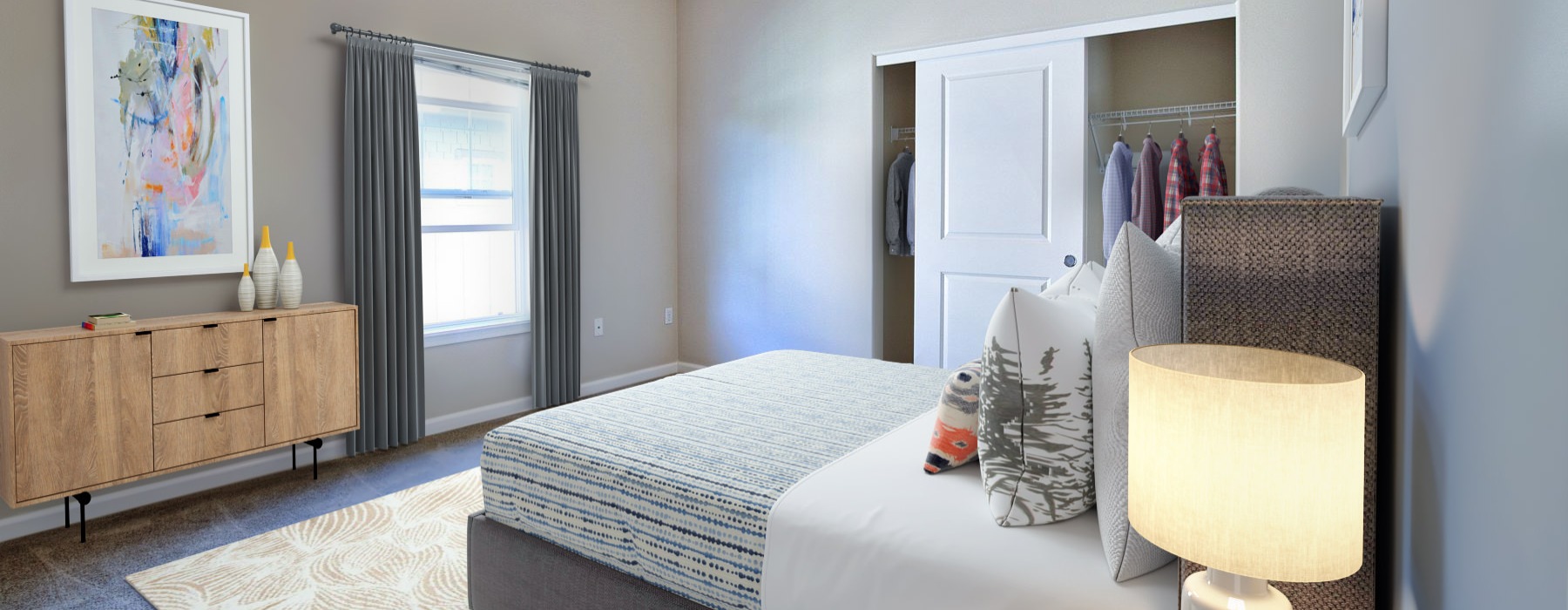 Bedroom with natural lighting and high ceilings